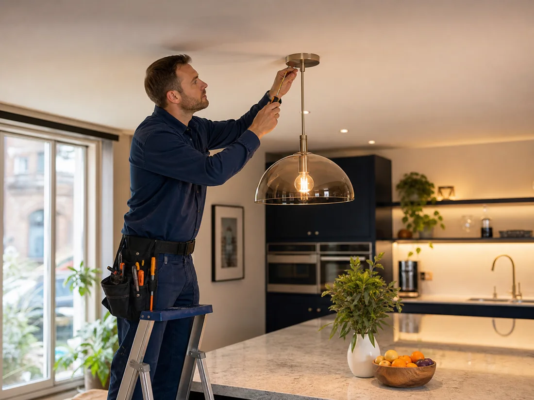 Electrician installing a pendant light