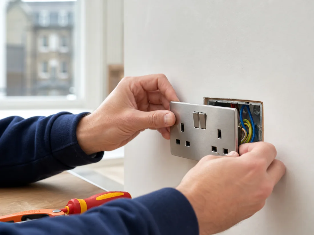 Electrician installing a UK wall socket